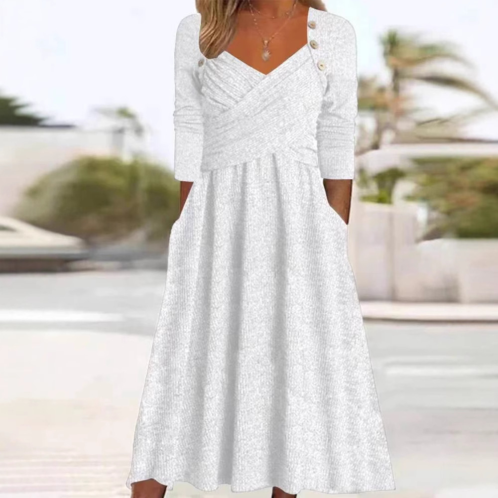 V-Neck Solid Color Long Sleeve Casual Dress