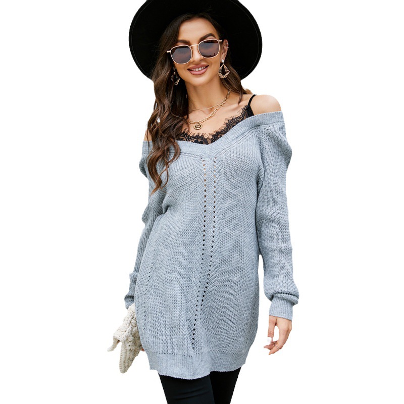Women's Lace-Trim V-Neck Pullover Sweater Loose Fit