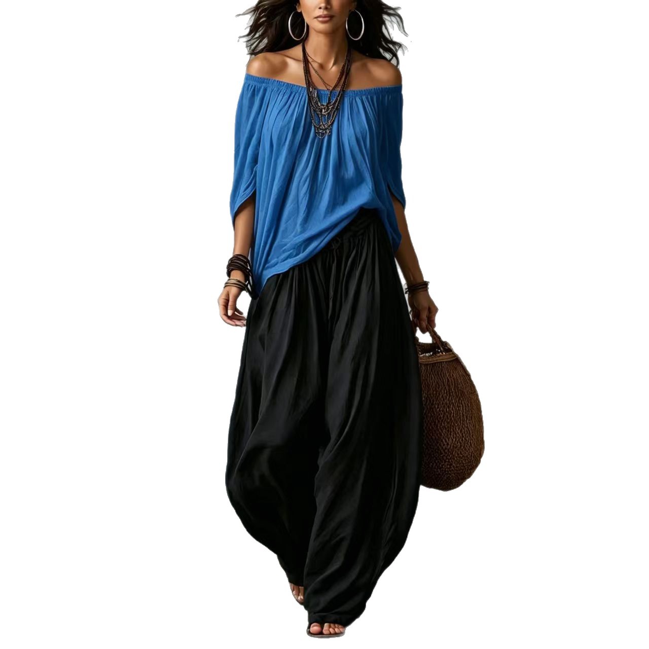 Women's Off-Shoulder Top and Wide-Leg Pants Set Casual Two-Piece Outfit