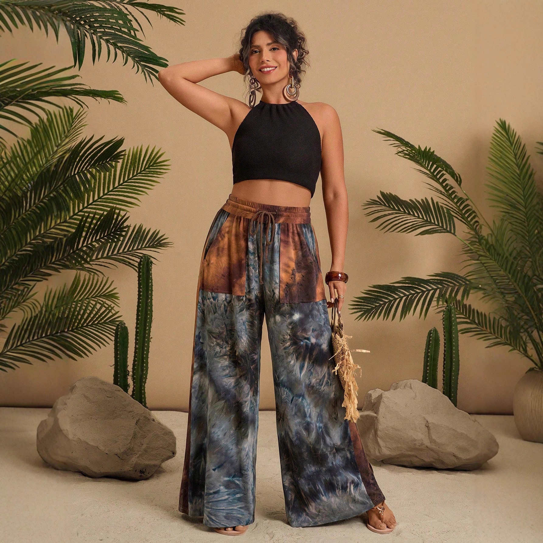 Bohemian Print High-Waist Wide-Leg Pants Gray Patchwork