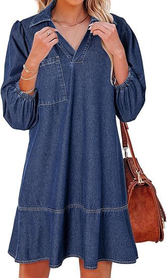 Women's Loose Denim Dress with V-Neck and 3/4 Bubble Sleeves