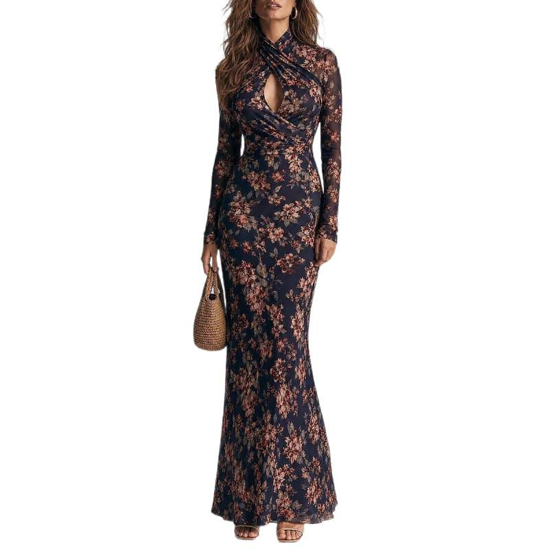 Vintage Floral Print Slim-Fit Long-Sleeve Bodycon Dress