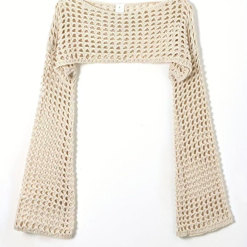 Women's Casual Open Knit Top Short Flared Sleeve Off-Shoulder Loose Sweater