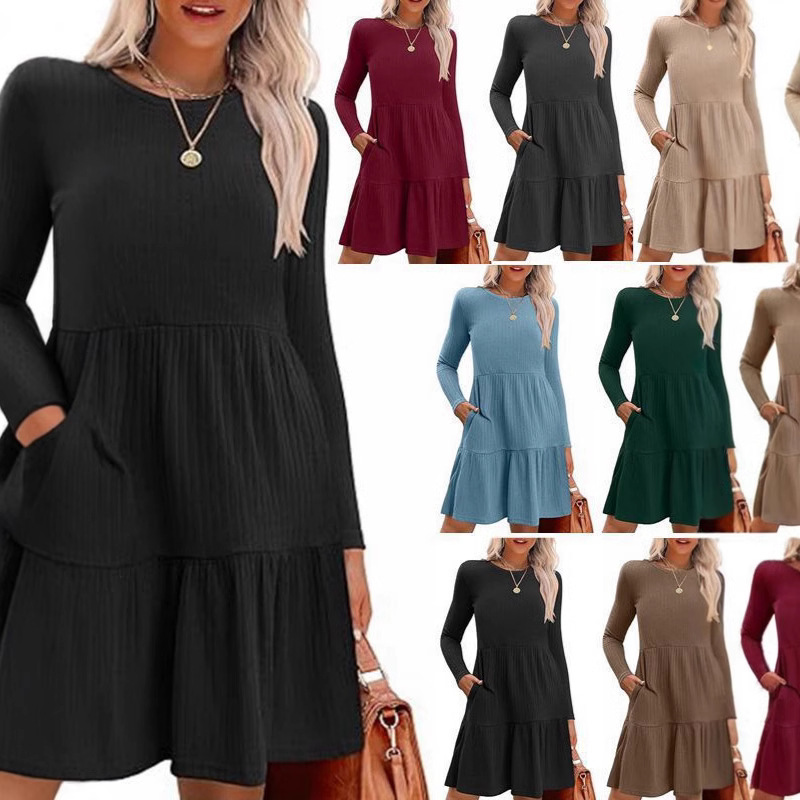 Women's Crewneck Pocket Knee-Length Sweater Dress Long Sleeve