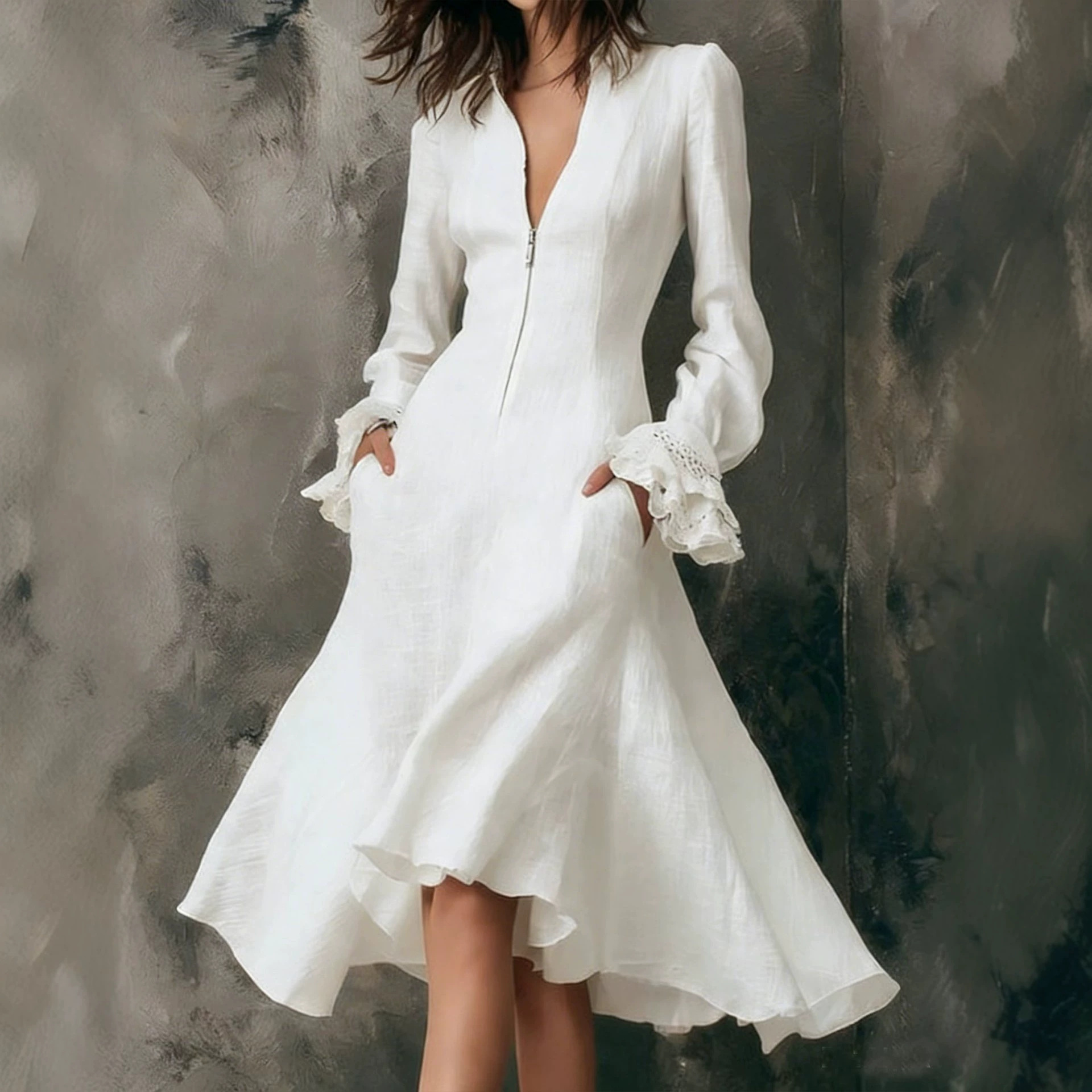 Elegant Minimalist Flare-Sleeve Midi Dress for Women
