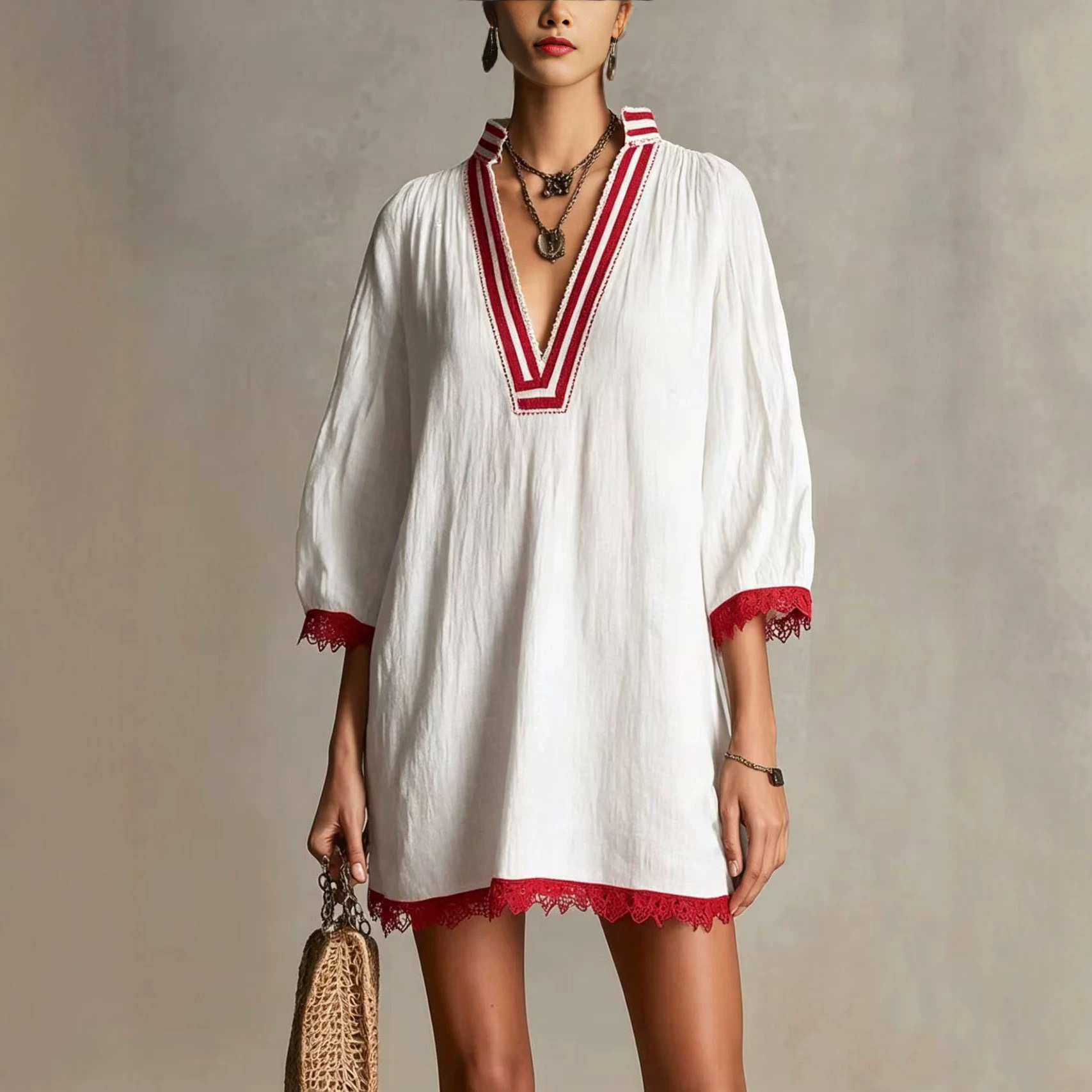 Striped V-Neck Lace Loose Straight Casual Dress