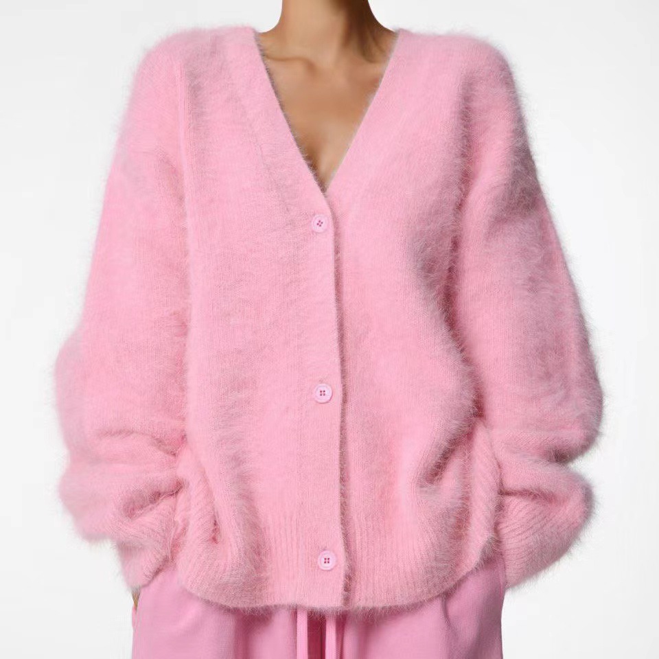 Faux Mink V-Neck Knit Cardigan Women Loose Solid Color Button Front