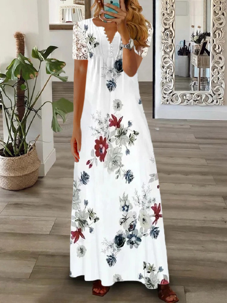 Floral Print Lace Short Sleeve Dress