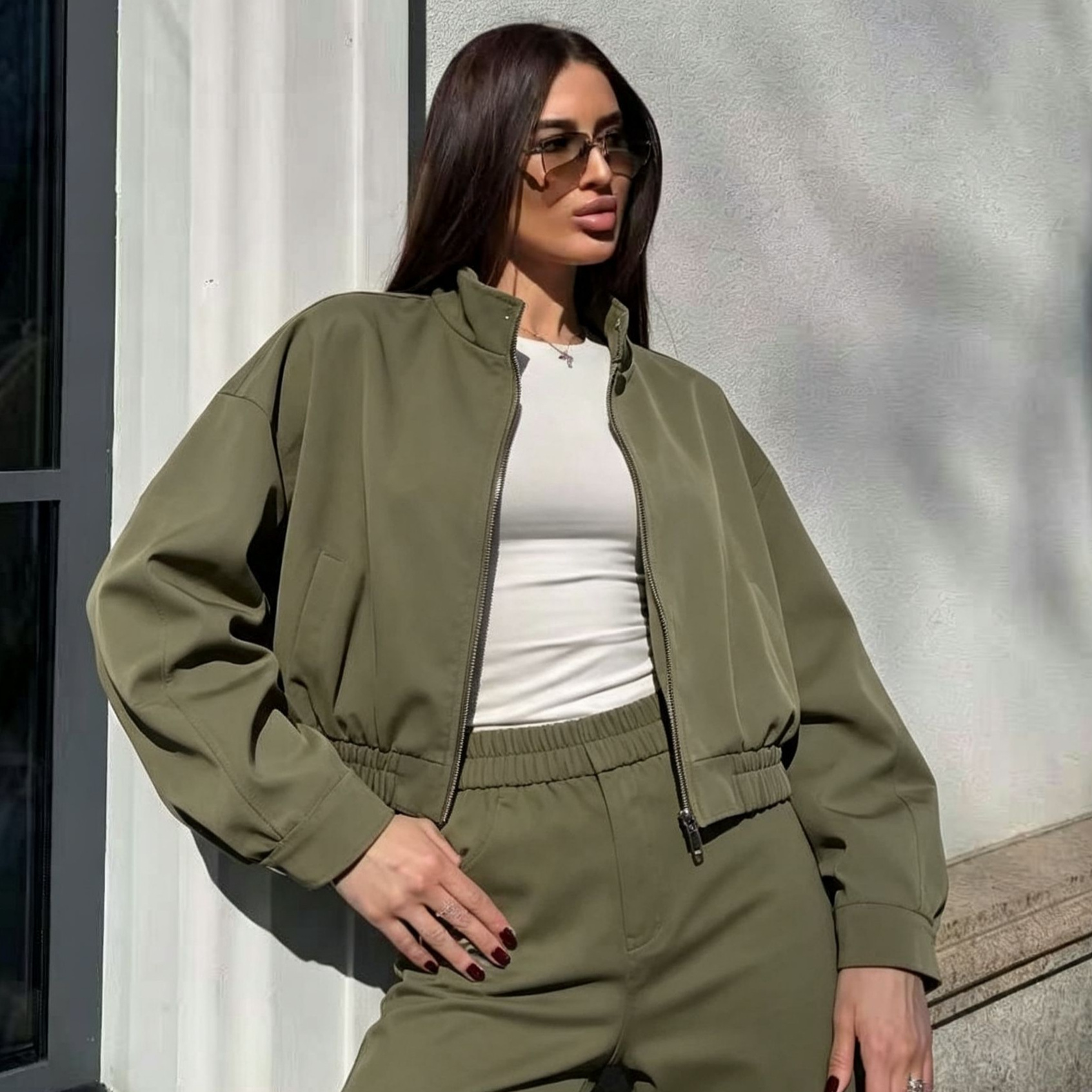 Women's Solid Color Stand Collar Bomber Jacket