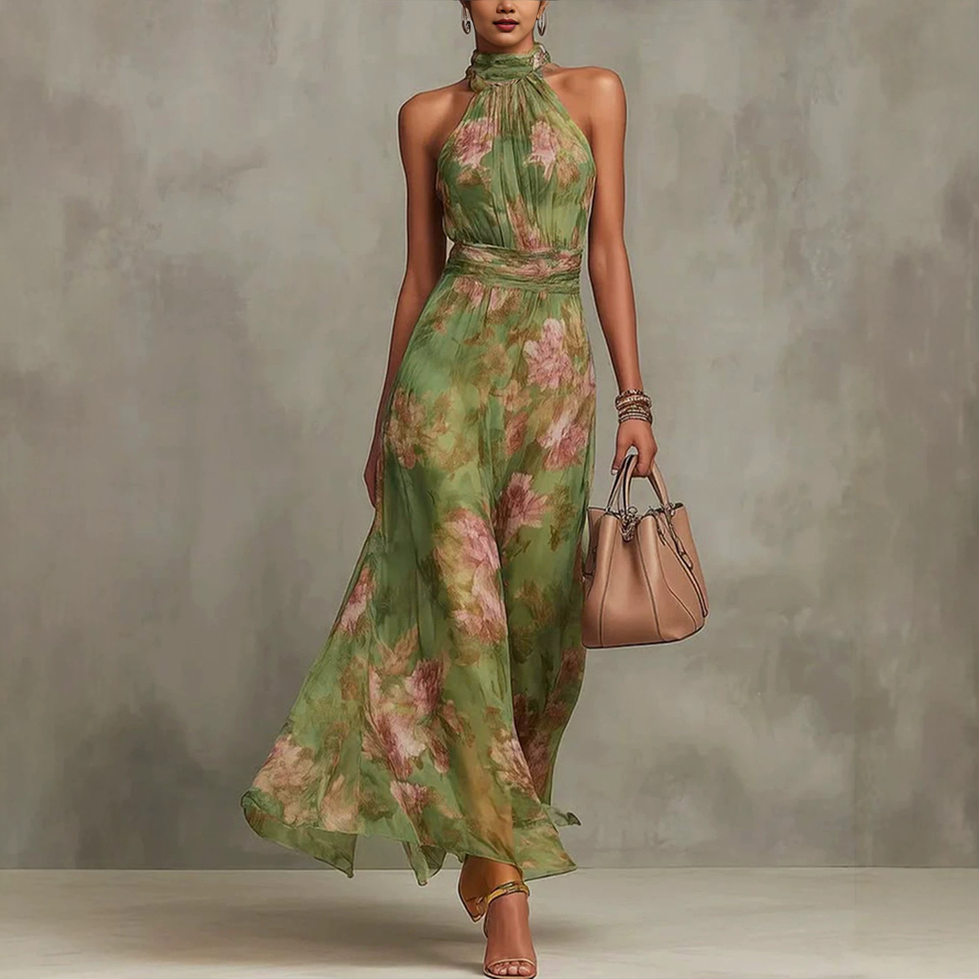 Elegant Floral Halter Midi Dress Sleeveless A-Line