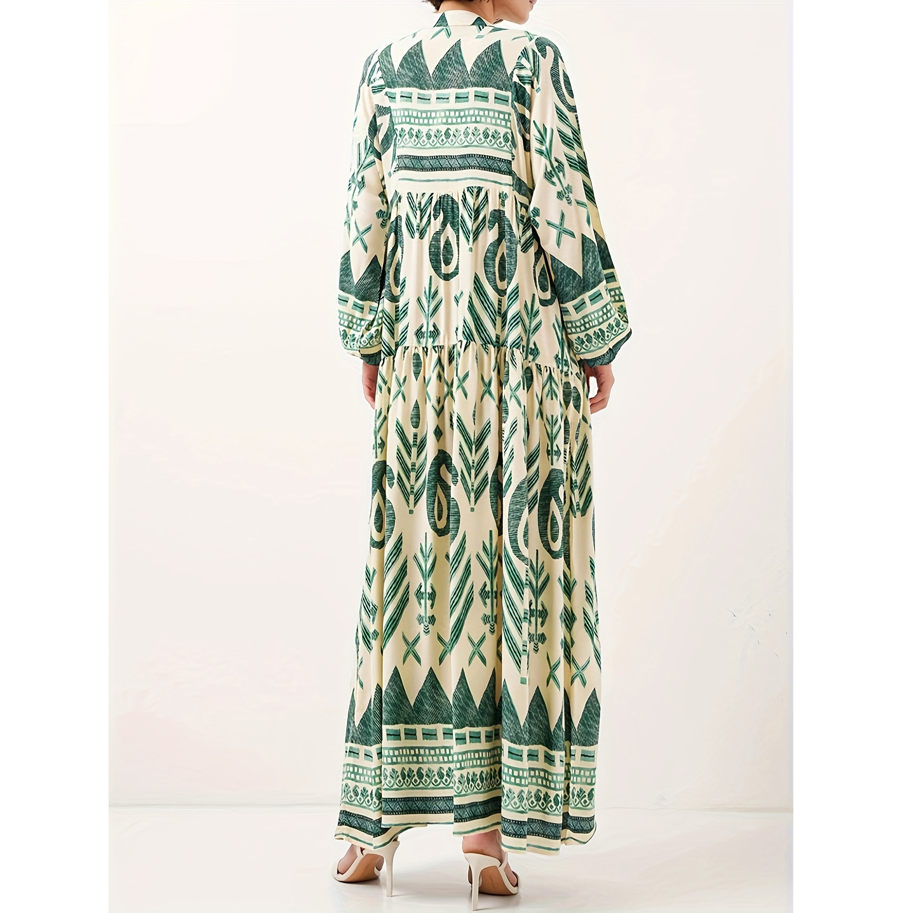 Women's Digital Print Long Sleeve V-Neck Maxi Dress