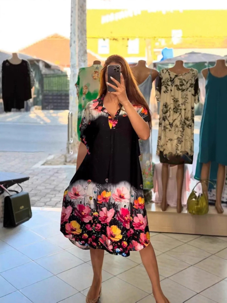 Floral Print Collared Short Sleeve Pocket Dress
