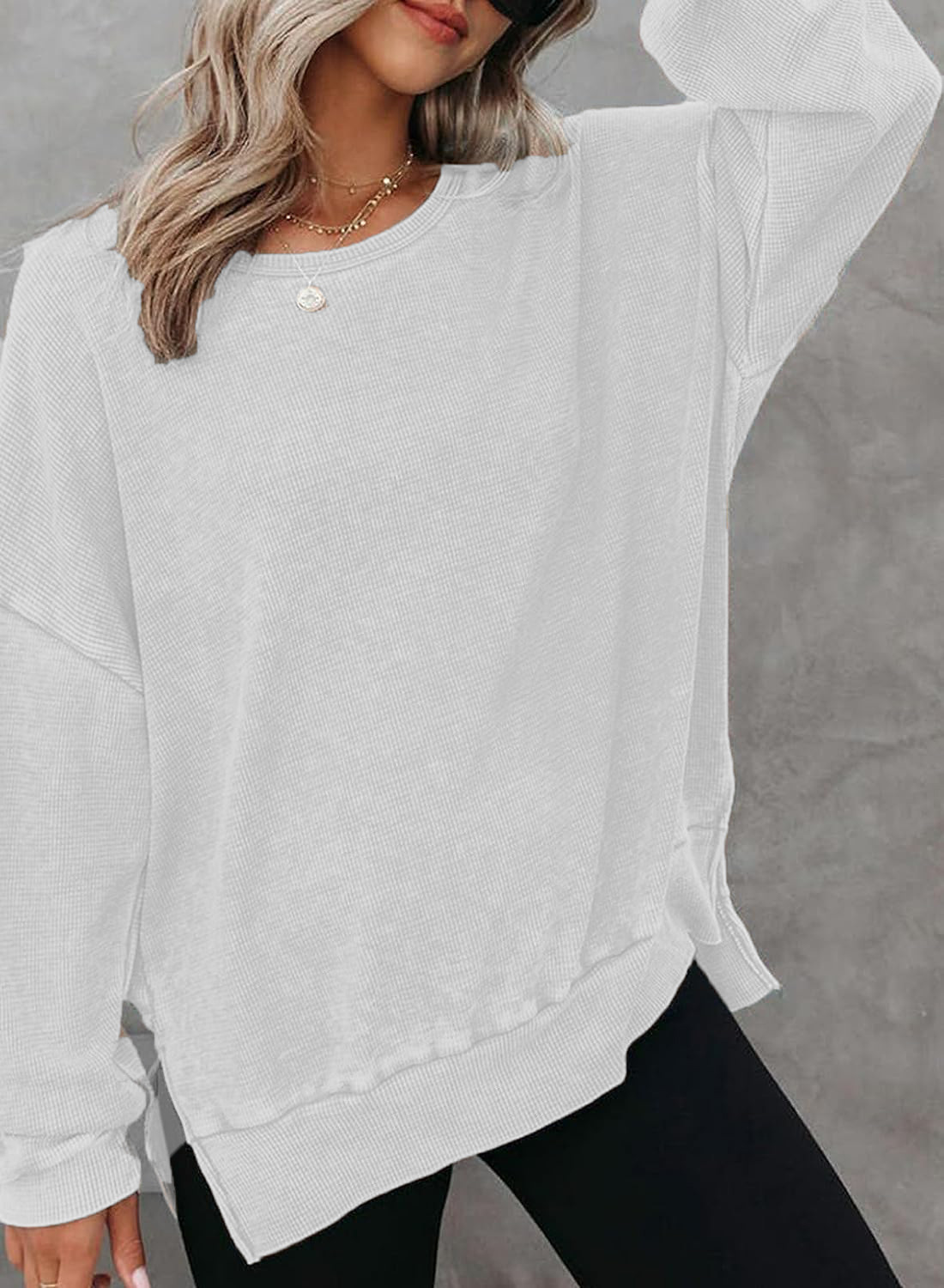 Women's Waffle Knit Crewneck Long Sleeve Side Slit Pullover Top