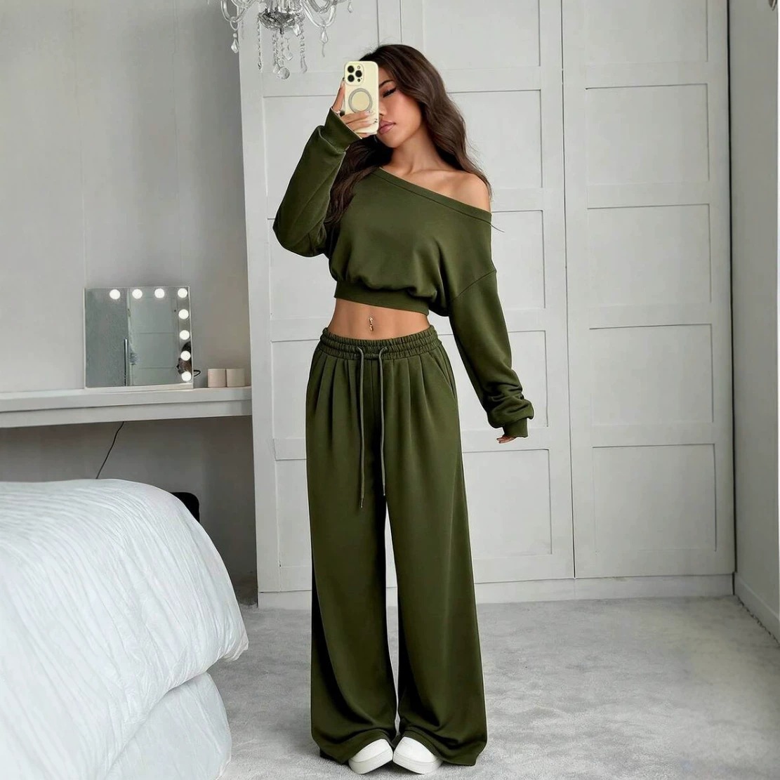 Women's Long Sleeve One-Shoulder High Waist Wide Leg Pants Hoodie Set