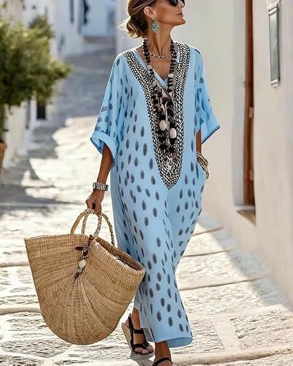 Women's Floral Polka Dot Print Midi Dress Deep V-Neck Five-Sleeve Slim Fit Casual