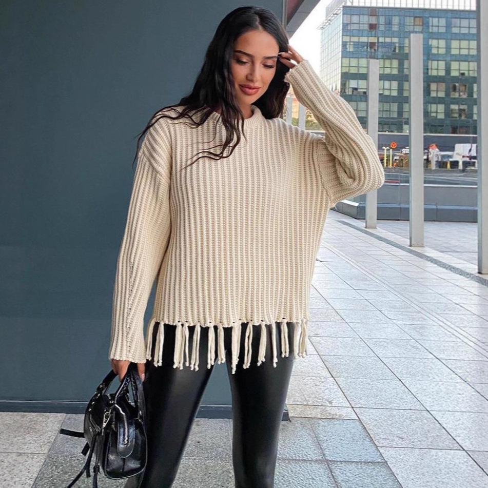Fringe Sweater Women's Thick Loose Casual Solid Color Long Sleeve Knit Top