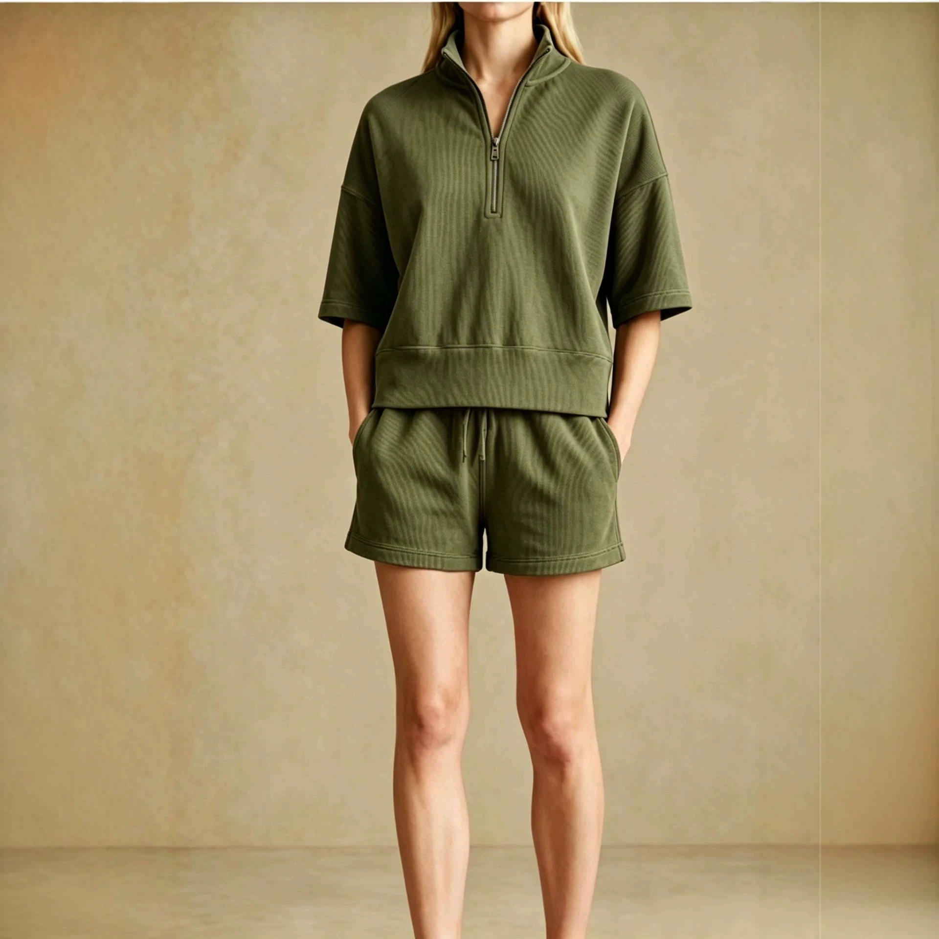 Women's Half-Zip Ribbed Short Sleeve and Shorts Athletic Set