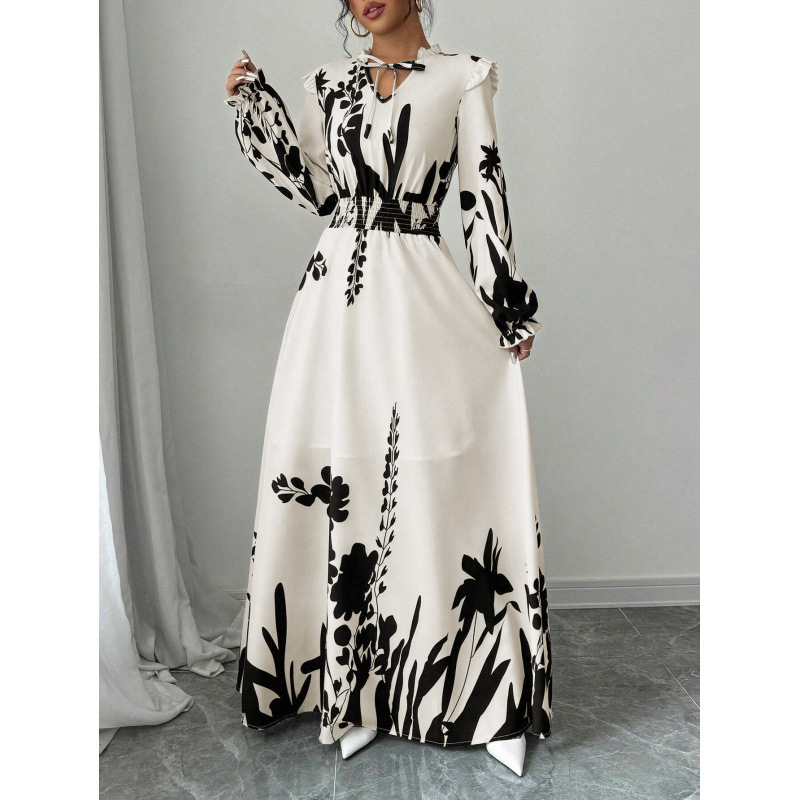 Floral Print Long Sleeve A-Line Maxi Dress with High Waist
