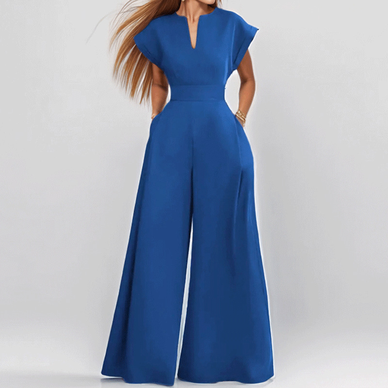 V-Neck Waist-Cinched Wide-Leg Jumpsuit