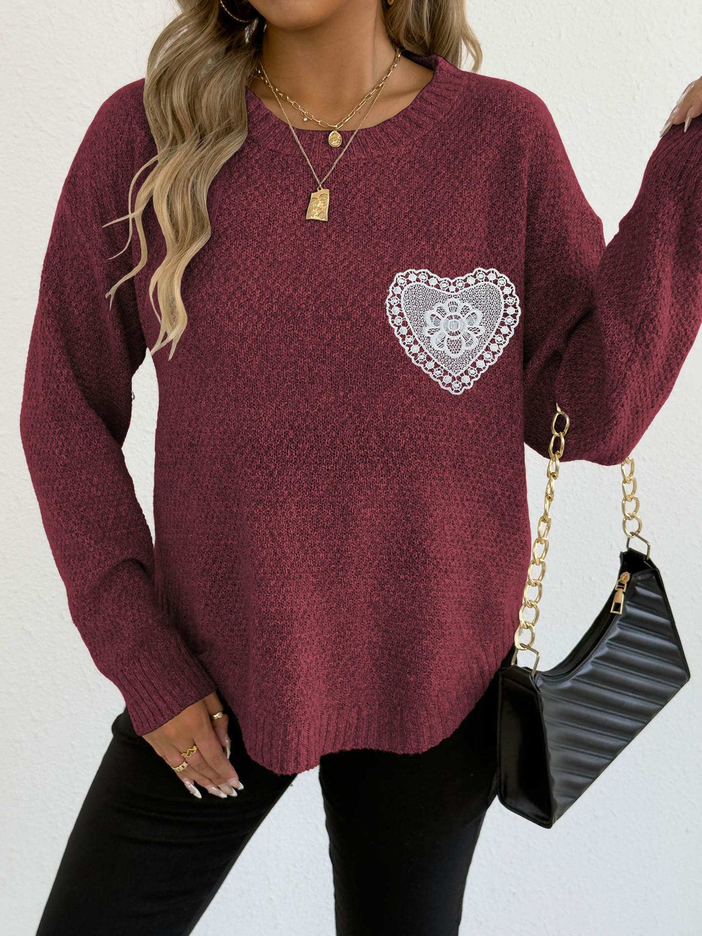 Women's Hollow Lace Pocket Faux Fur Knit Pullover Sweater Crew Neck