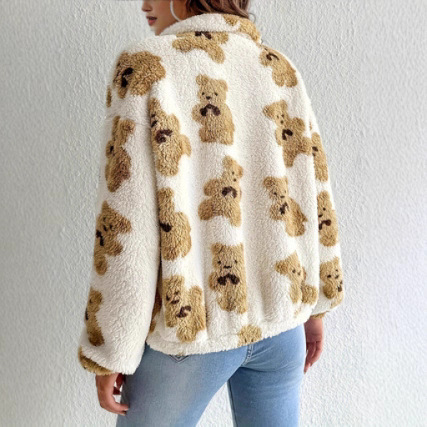 Fuzzy Fleece Bear Print Zip-Up Jacket Women's Loose Fit