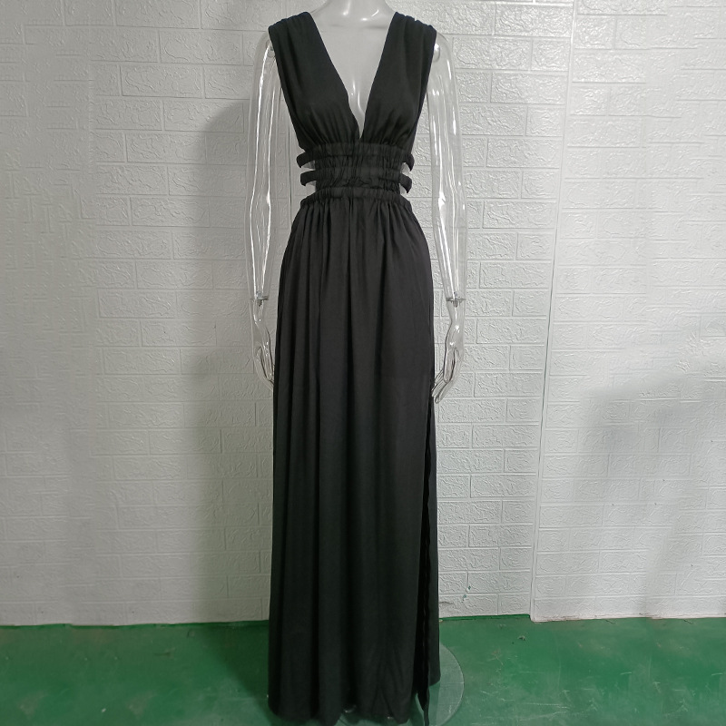 Women's Deep V-Neck Backless Maxi Dress with Flared Skirt