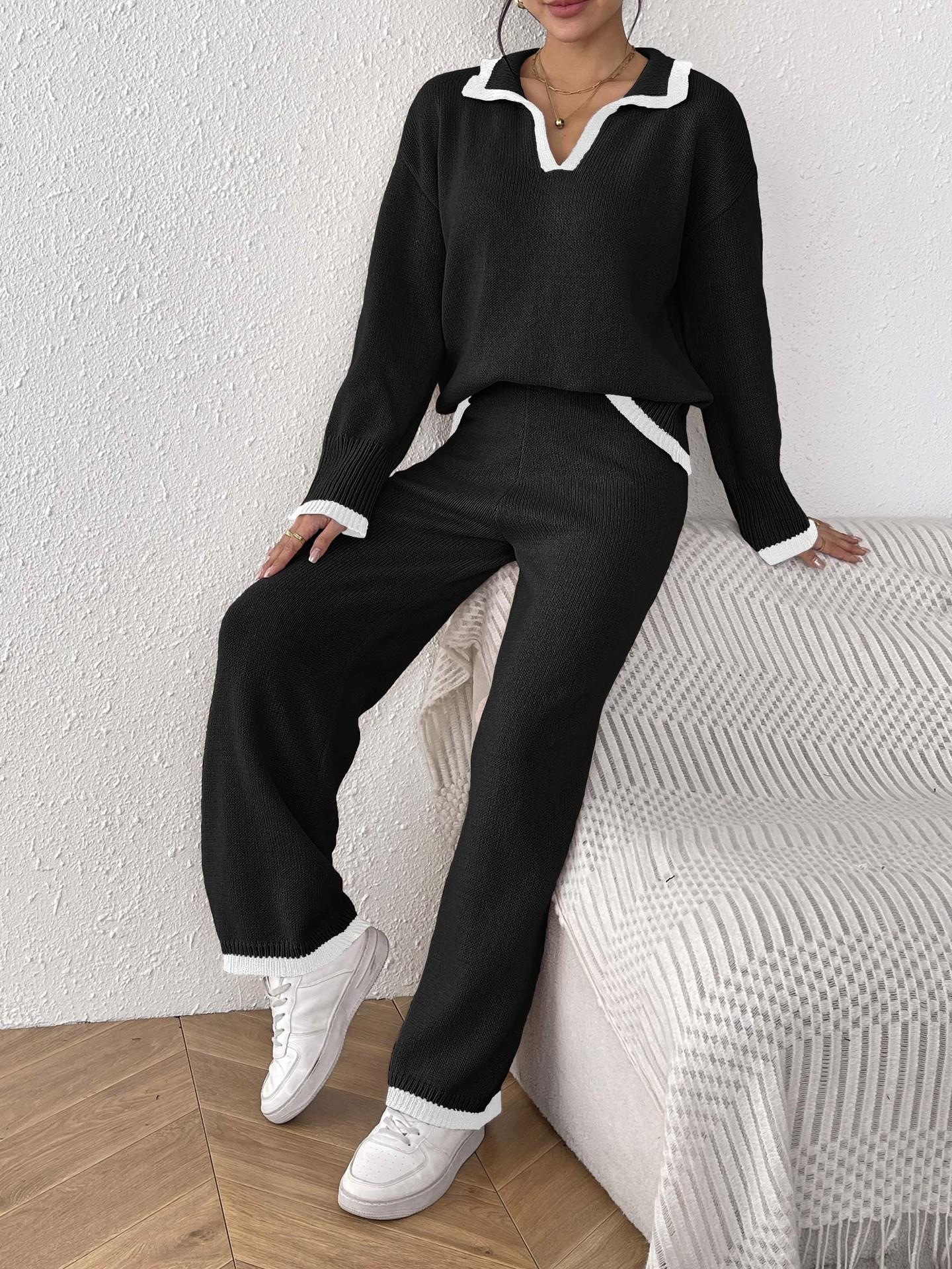 Women's Color-Block Polo Neck Sweater and Wide-Leg Pants Two-Piece Set