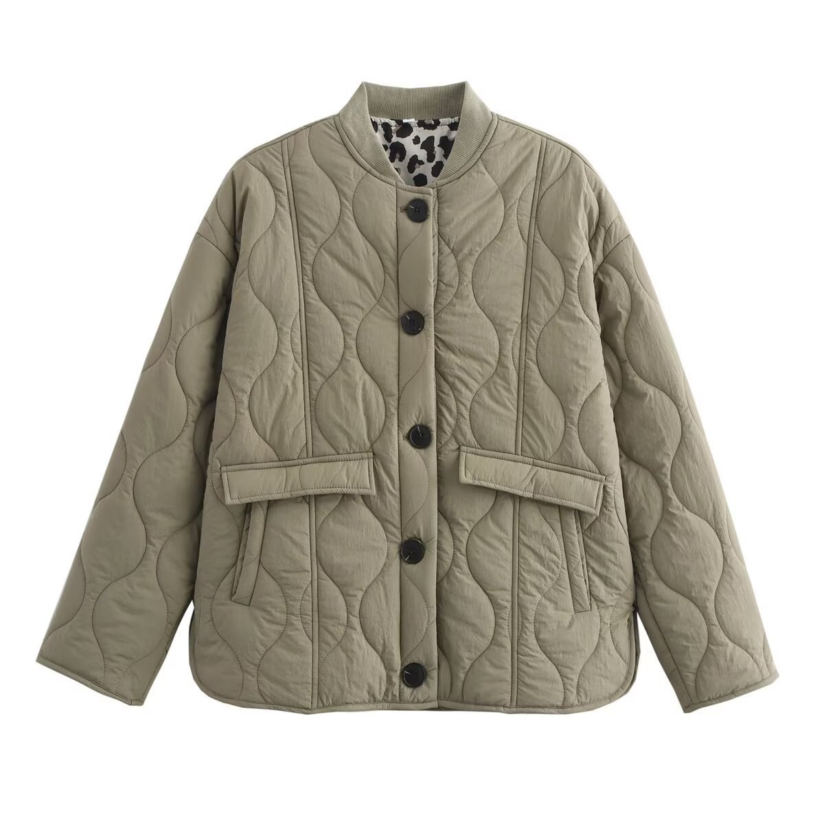 Women's Leopard Print Padded Coat with Ribbed Trim
