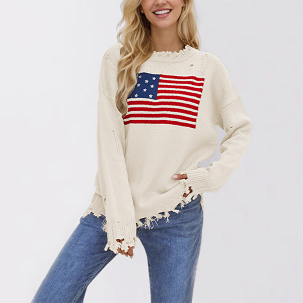 Women's Flag Pattern Crewneck Pullover Sweater