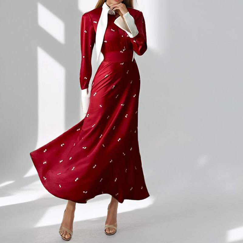 Elegant French Floral Print Long Sleeve Collared Maxi Dress