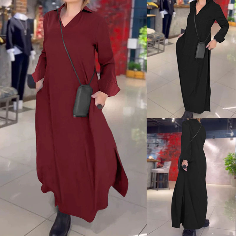 Elegant Solid Color Long Sleeve Polo Neck Maxi Dress