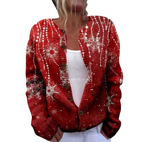 Women's Christmas Santa Snowman Tree Print Faux Sweater Cardigan