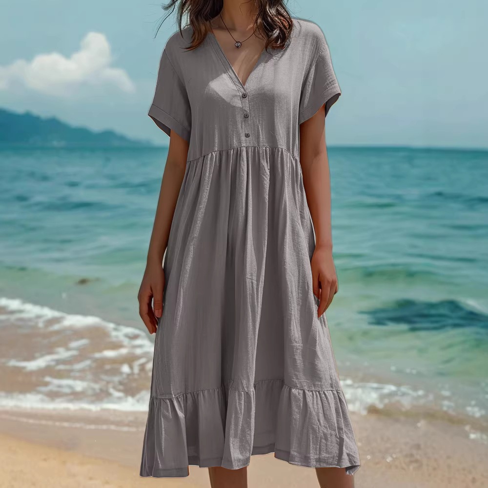 V-Neck Three-Button Short Sleeve High Waist Ruffle Midi Dress