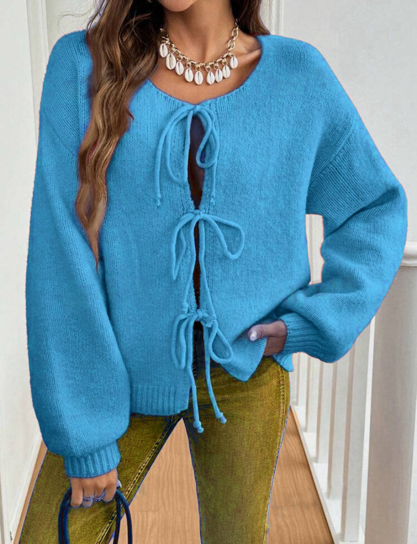 Women's Casual Loose Tie-Front Solid Knit Cardigan Sweater