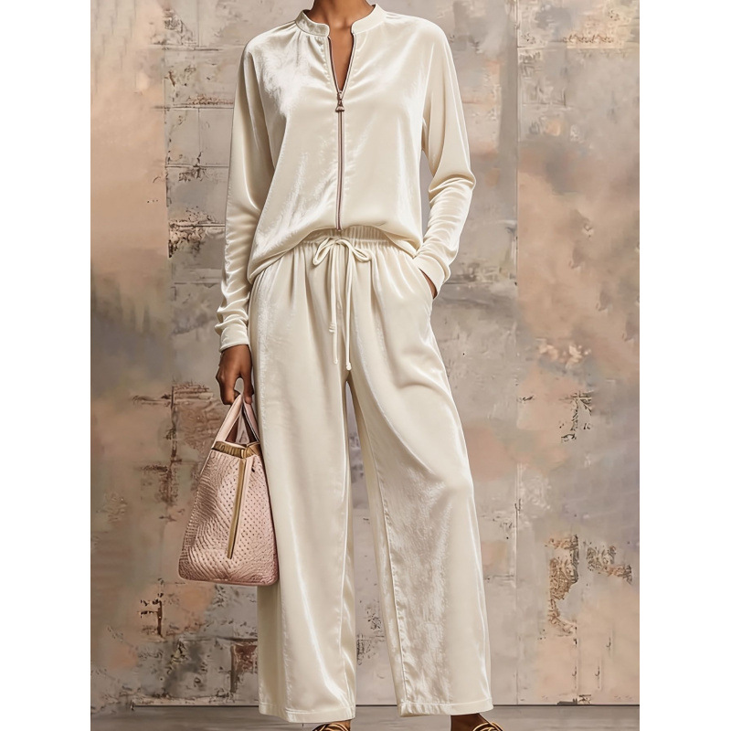 Women's Velvet Hoodie & Wide-Leg Pants Set High Waist Drapey