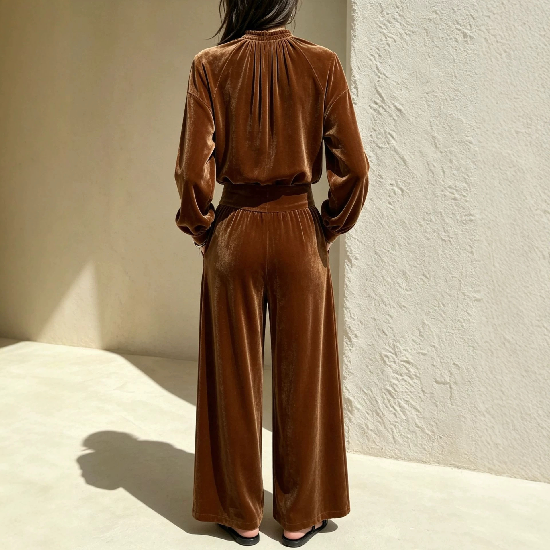 Wide-Leg Velvet Two-Piece Set with Long-Sleeve Top