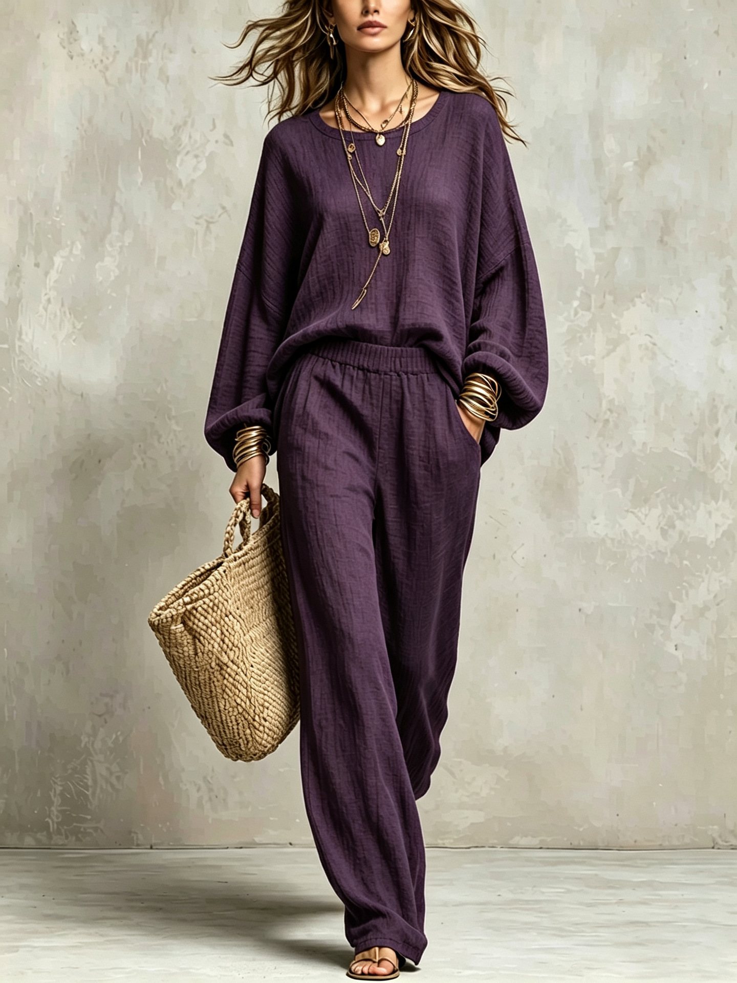 Double-Layer Crinkled Linen Two-Piece Set with Loose Sleeves and High-Waist Wide-Leg Pants
