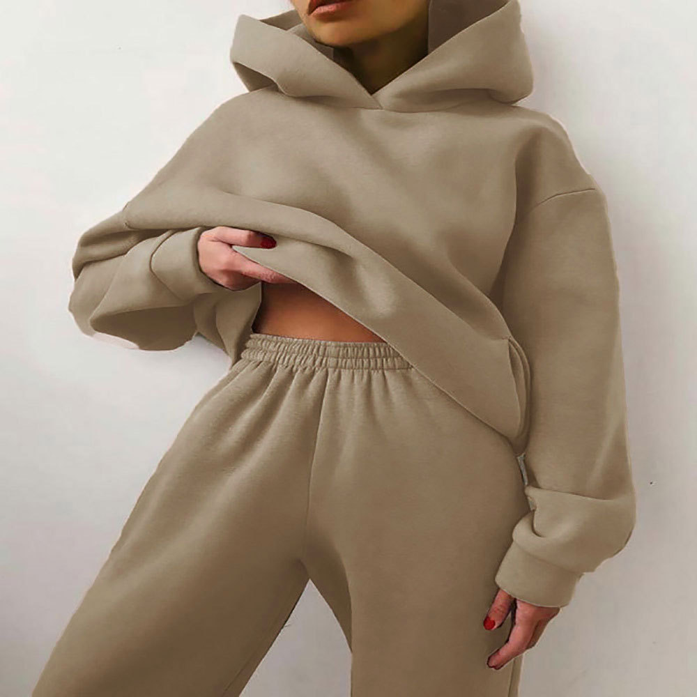 Women's Solid Color Hooded Sweatshirt and Pants Two-Piece Casual Set