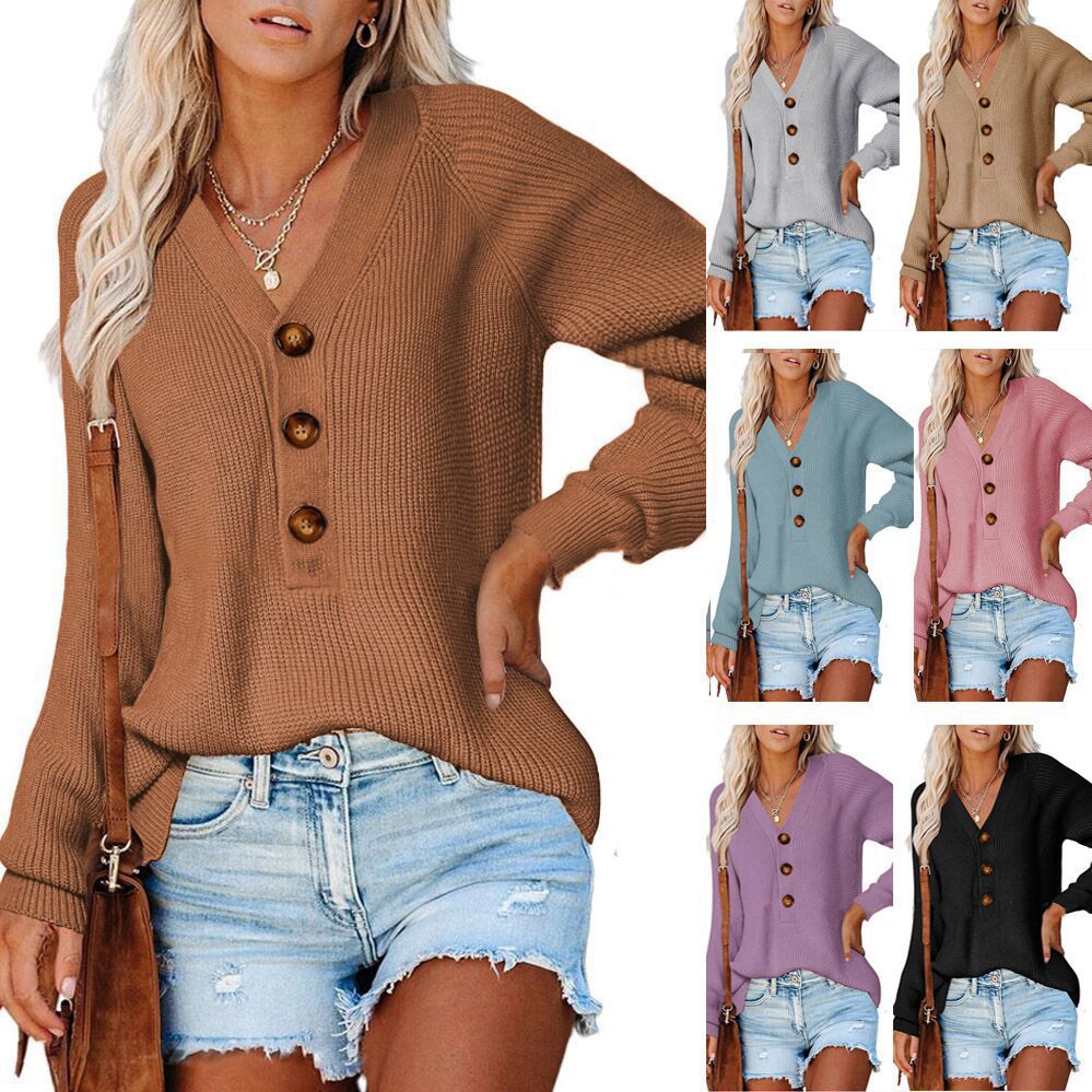 Button-Front V-Neck Knit Sweater for Women, Cotton Blend, Loose Fit, Long Sleeve