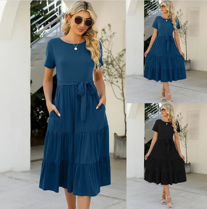 Women's Round Neck Tie Short Sleeve Casual Dress