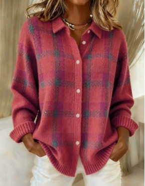 Women's Plaid Long Sleeve Collared Cardigan Sweater