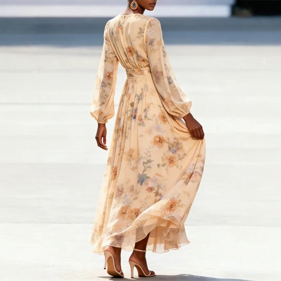 Floral Print V-Neck Waist-Cinched Midi Chiffon Dress with Lantern Sleeves