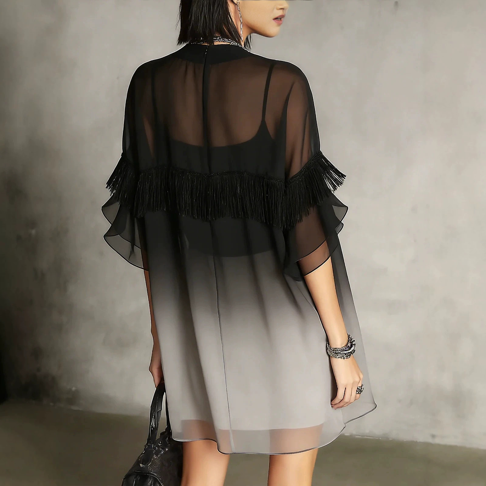 Plus Size Ruffle Trim Black Dress Short Sleeve Round Neck Loose Fit Midi