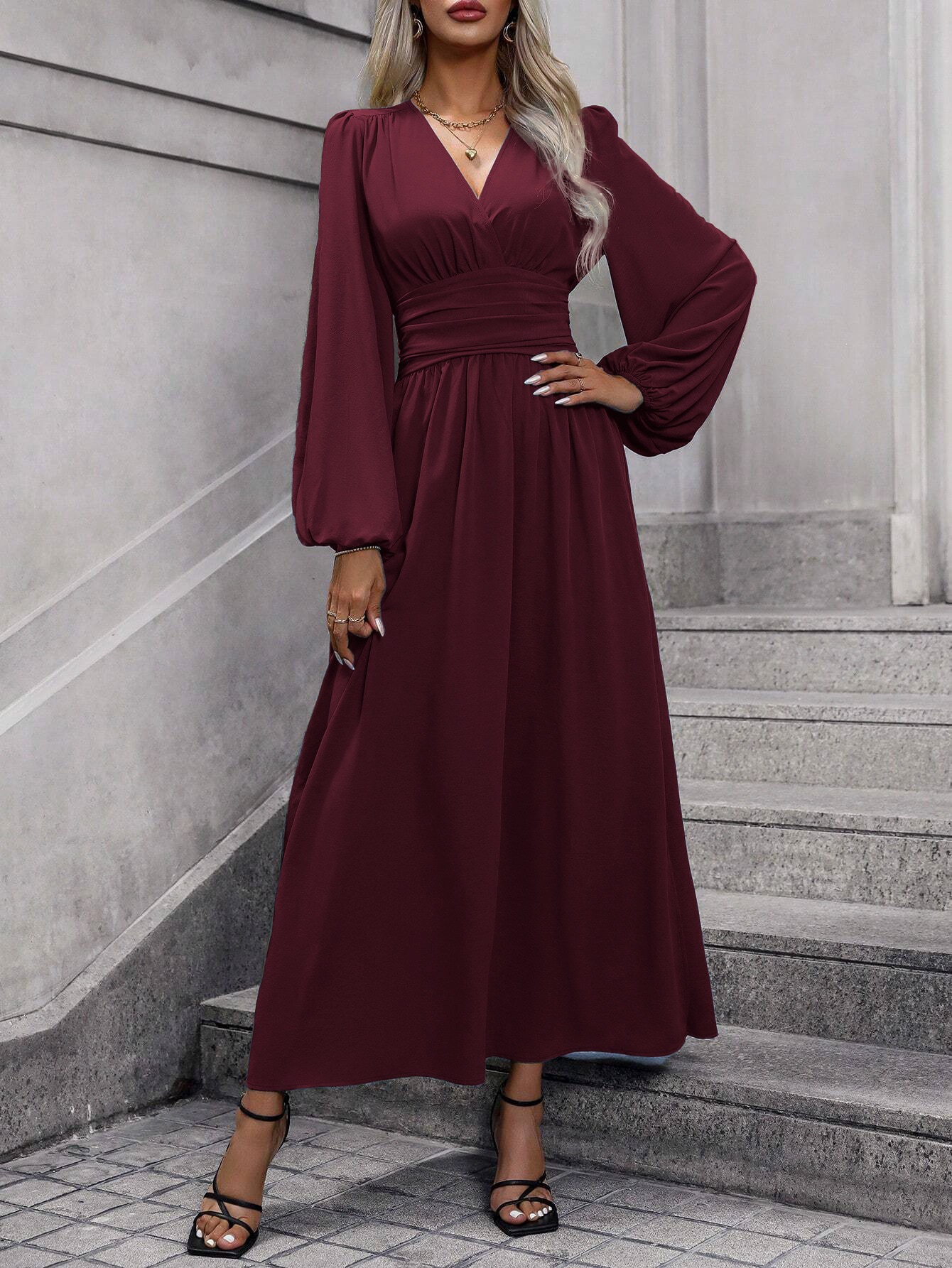 Women's Lantern Sleeve Ruched High Slit Dress