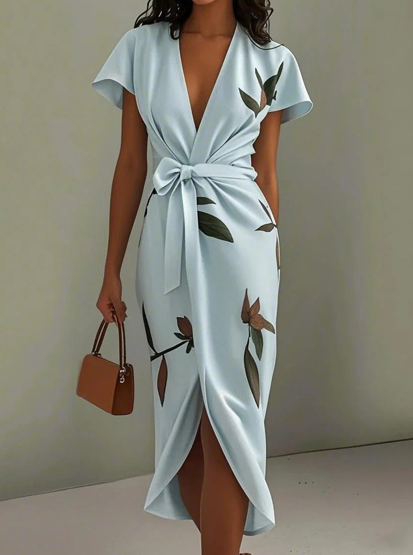 Floral Print V-Neck Short Sleeve Tie-Waist Slit Midi Dress