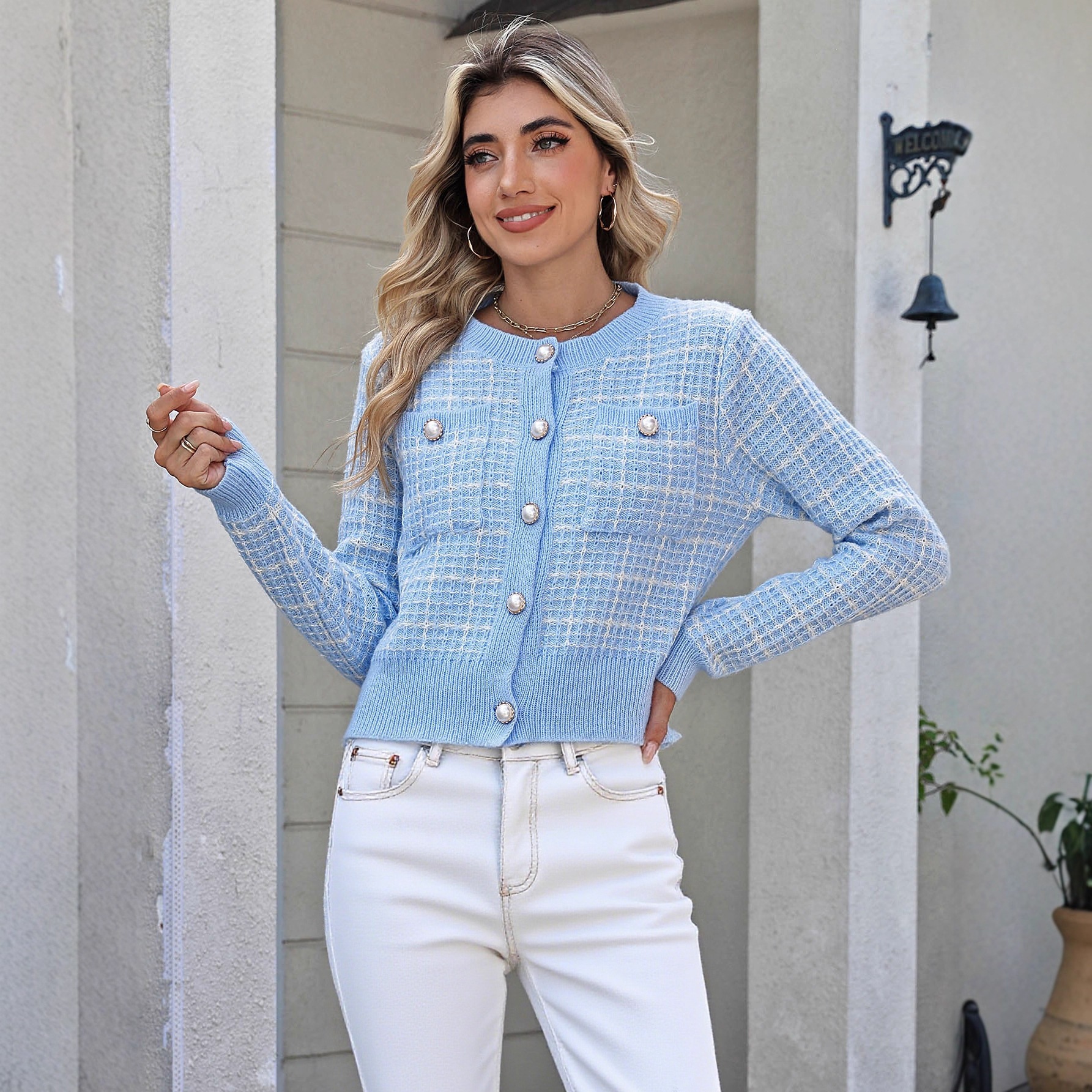 Plaid Knit Cardigan Short Jacket Women's Crewneck Long Sleeve