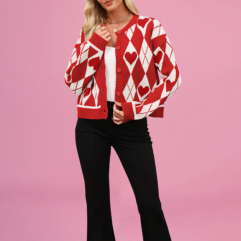 Colorblock Heart Button-Front Knit Cardigan