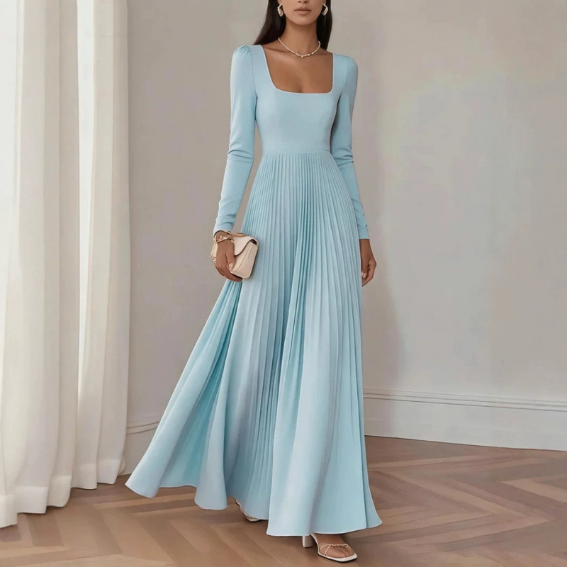 Square Neck Long Sleeve Pleated Maxi Dress Waist-Cinched Evening Gown