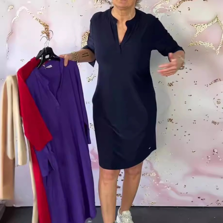 Women's Solid V-Neck Midi Dress Long Sleeve High Waist