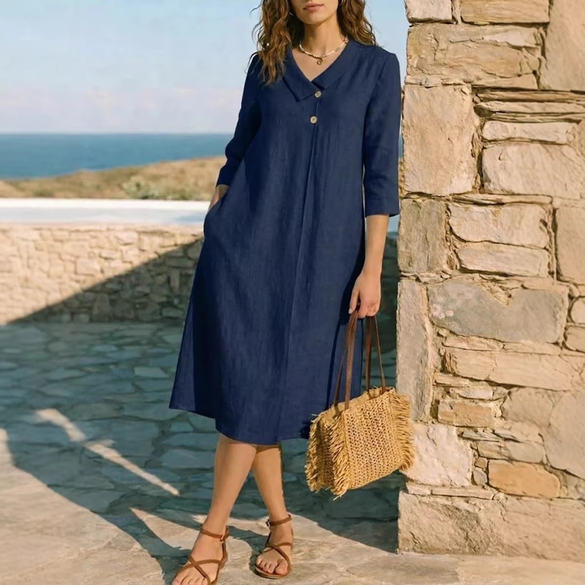 Women's Summer Solid Color French Collar Midi Dress